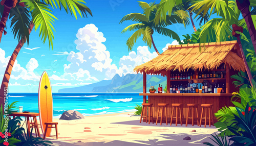 Paradise beach bar with palm trees. Bar on sandy beach with sea breeze. Oceanfront beach bar on the shore. Exotic beach bar with serene waves. Vibrant beach bar with nature view