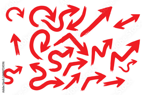 Various bold brush drawn curved arrows. Collection doodle marker thick arrows in different directions. Hand drawn vector direction pointers. Curved and wavy brush strokes with scratches.