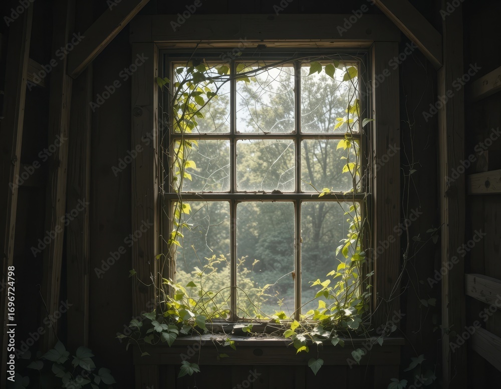 Fototapeta premium Overgrown vines embrace an old window frame, revealing a lush green forest bathed in soft sunlight.