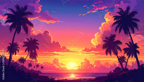 Tropical sunset with palm trees. Colorful sunset on tropical beach. Beach sunset with pink and orange hues. Tropical paradise with sunset colors. Vibrant sunset over the ocean