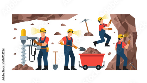 Mining Operations: An illustration showcasing various stages of a mining operation, from drilling and excavating to transporting the extracted resources.
