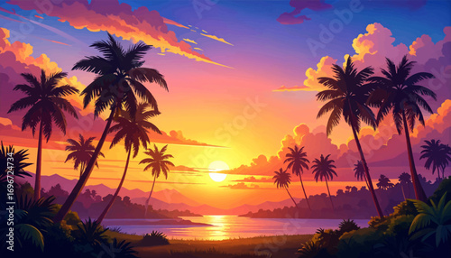 Palm trees against sunset backdrop. Beach at sunset in warm colors. Tropical coastline with sunset colors. Tropical sunset with purple skies. Palm silhouettes during sunset