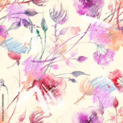 Watercolor bouquet of flowers, Beautiful abstract splash of paint, fashion illustration.Orchid flowers, poppy, cornflower,pansies, viola, field or garden flowers. seamless watercolor floral background