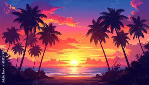 Golden hour on tropical beach. Serene beach with a vibrant sunset. Beautiful sunset over a calm sea. Tropical sunset with pastel skies. Sunset and palm trees silhouette
