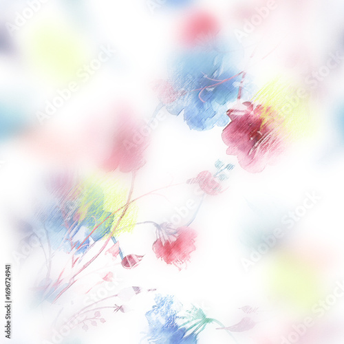 Watercolor bouquet of flowers, Beautiful abstract splash of paint, fashion illustration.Orchid flowers, poppy, cornflower,pansies, viola, field or garden flowers. seamless watercolor floral background