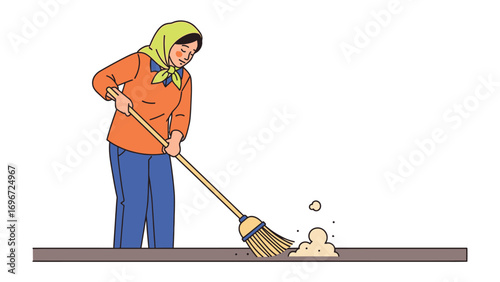 Cleaning Up: A woman diligently sweeps, engaged in the act of keeping a place clean and tidy with a focus on action and cleanliness.