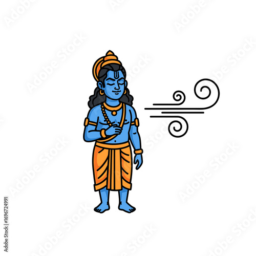Illustration of a blue-skinned deity, possibly Krishna, standing with a gentle breeze blowing past him.