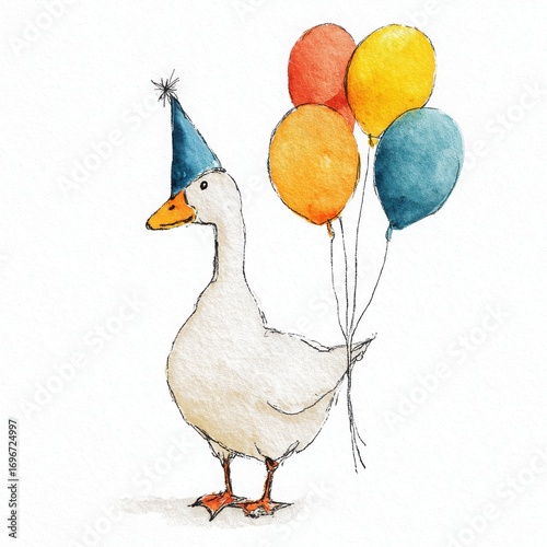 Charming Watercolor Goose with Blue Party Hat and Colorful Balloons: Hand-Drawn Whimsical Art for Birthday Cards, Invitations, and Festive Kids' Designs