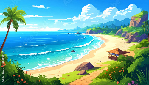 Tropical beach with blue ocean waves. Sunny tropical coast with green hills. Peaceful beach with tropical plants. Tropical ocean with clear blue sky. Scenic beach view with mountain backdrop