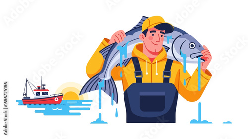 Big catch in the sea: A fisherman, radiating pride and satisfaction, proudly displays an enormous fish, a symbol of hard work and the bounty of the sea, with a ship in the background.