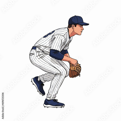 Vector Illustration of Baseball Player in Crouching Position with Classic Uniform Style