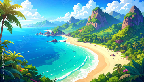 Tropical island landscape at dawn. Clear waves on sandy tropical beach. Tropical paradise with mountain views. Beachfront with lush tropical plants. Sunny day on a tropical sandy beach