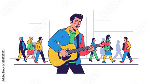 Melody of the City: A street musician strums his guitar amidst a bustling urban environment, as passersby create the rhythm of city life.
