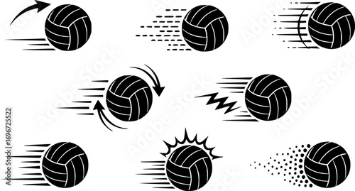 set of Volleyball Ball Motion Line Symbol Vector – Black Sport Icon for Speed, Training, Competition and Game Design