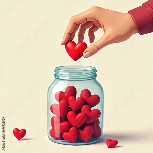 hand putting heart in jar. concept of donation, help, collection for charity