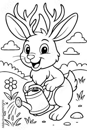 Cute cartoon jackalope with antlers using a watering can to water plants, a delightful gardening illustration coloring page.