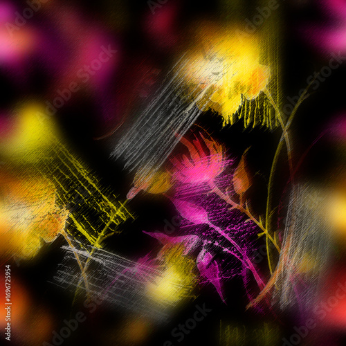 Watercolor bouquet of flowers, Beautiful abstract splash of paint, fashion illustration.Orchid flowers, poppy, cornflower,pansies, viola, field or garden flowers. seamless watercolor floral background