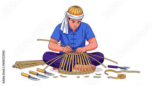 Artisan Crafting: An artisan masterfully weaves a bamboo structure, meticulously constructing a traditional craft item, showcasing skill and cultural heritage.