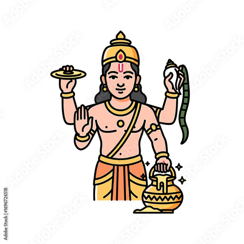 A stylized illustration of a Hindu deity, depicted with multiple arms and holding symbolic objects.