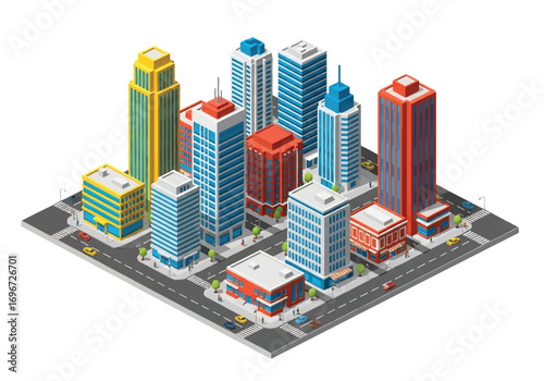 Isometric 3D illustration of a modern city downtown with skyscrapers, office buildings, streets, and cars, symbolizing urban life, business, architecture, and metropolitan development