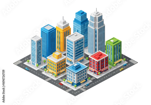 Isometric 3D illustration of a modern city downtown with skyscrapers, office buildings, streets, and cars, symbolizing urban life, business, architecture, and metropolitan development
