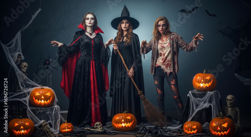 Three Halloween Characters: Vampire, Witch, and Zombie