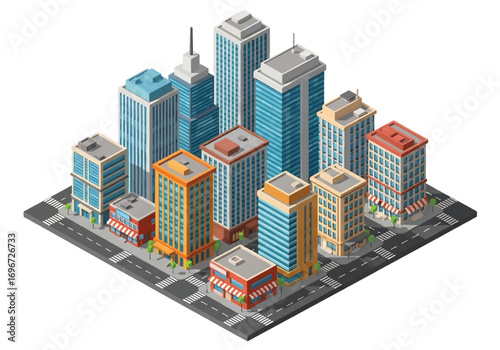 Isometric 3D illustration of a modern city downtown with skyscrapers, office buildings, streets, and cars, symbolizing urban life, business, architecture, and metropolitan development