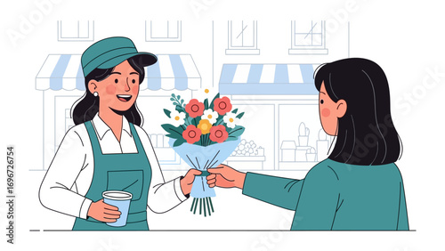 The Perfect Bouquet: A flower seller passing an exquisite bouquet to a customer, a scene that radiates the freshness of spring and the delight of receiving the perfect floral arrangement.