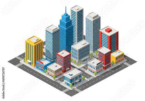Isometric 3D illustration of a modern city downtown with skyscrapers, office buildings, streets, and cars, symbolizing urban life, business, architecture, and metropolitan development