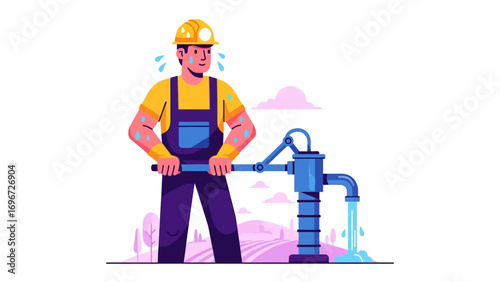 Worker Pumping Water: A diligent worker, donning a hard hat, sweats as he operates a water pump, extracting water for vital resources, with countryside landscape, in a flat design.