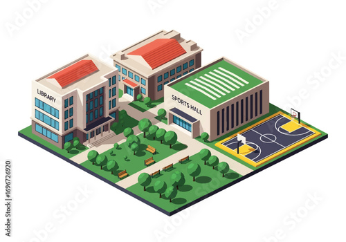 Isometric 3D illustration of a university campus with library, classrooms, green park, and basketball courts, symbolizing education, student life, sports, and academic learning in higher education