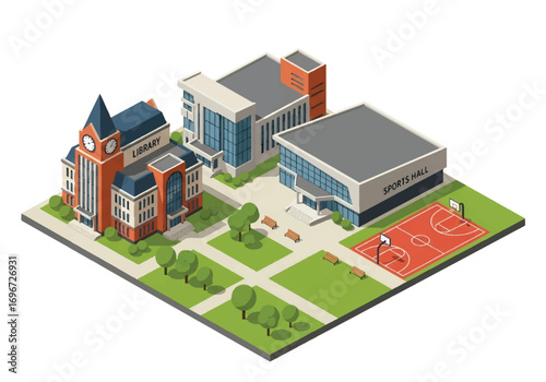 Isometric 3D illustration of a university campus with library, classrooms, green park, and basketball courts, symbolizing education, student life, sports, and academic learning in higher education