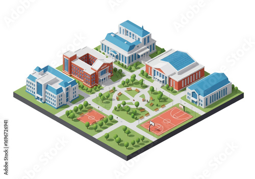 Isometric 3D illustration of a university campus with library, classrooms, green park, and basketball courts, symbolizing education, student life, sports, and academic learning in higher education