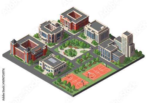 Isometric 3D illustration of a university campus with library, classrooms, green park, and basketball courts, symbolizing education, student life, sports, and academic learning in higher education