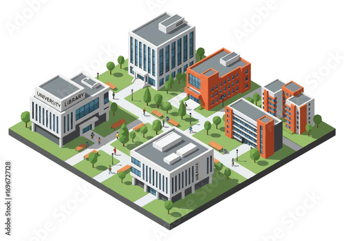 Isometric 3D view of a modern university campus with contemporary buildings, walkways, and students, representing education, research, innovation, and academic life in a higher learning institution