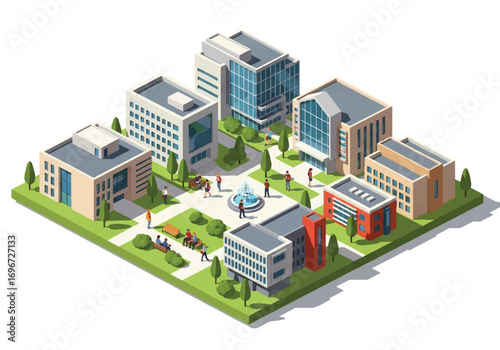 Isometric 3D view of a modern university campus with contemporary buildings, walkways, and students, representing education, research, innovation, and academic life in a higher learning institution