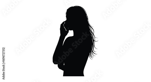 a woman holding phone with flowing hair silhouette