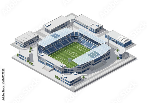 Isometric 3D view of a modern soccer stadium with green field, stands, and surrounding facilities, symbolizing sports, competition, teamwork, fan culture, and international football events