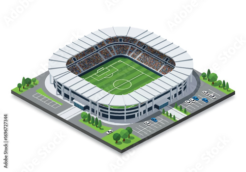 Isometric 3D view of a modern soccer stadium with green field, stands, and surrounding facilities, symbolizing sports, competition, teamwork, fan culture, and international football events