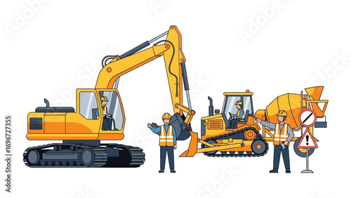 Construction Site Scene: A depiction of heavy construction equipment and workers on a vibrant job site. With detailed rendering and precise lines.