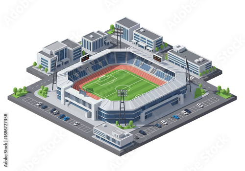 Isometric 3D view of a modern soccer stadium with green field, stands, and surrounding facilities, symbolizing sports, competition, teamwork, fan culture, and international football events