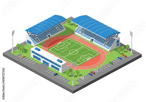 Isometric 3D view of a modern soccer stadium with green field, stands, and surrounding facilities, symbolizing sports, competition, teamwork, fan culture, and international football events