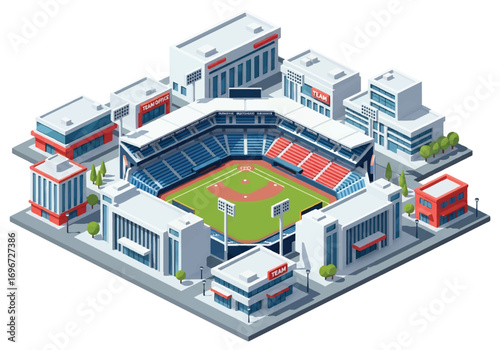 Isometric 3D view of a baseball stadium surrounded by team offices and facilities, showcasing field, stands, and lights, symbolizing sports, teamwork, competition, and fan entertainment