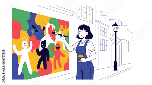 The artist is painting a mural in a vibrant street scene, infusing the cityscape with color and creativity