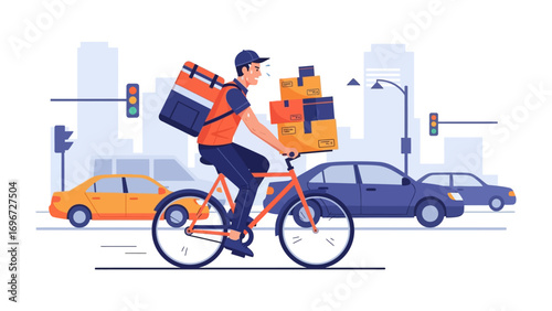 Urban Delivery: A diligent courier on bicycle navigating the city streets, efficiently transporting parcels, portraying the energy and speed of modern logistic 