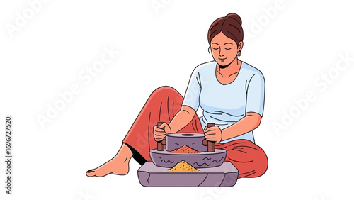 The Art of Grinding: An illustration depicting a woman engrossed in the traditional art of grinding spices, her focus and skill highlighted against a pristine background. 