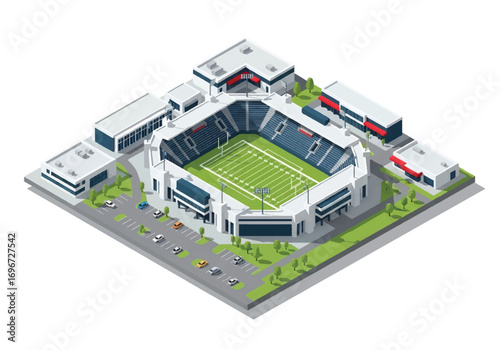 Isometric 3D view of a football stadium complex with field, stands, training facilities, and ticket offices, representing sports, competition, teamwork, and large-scale athletic events
