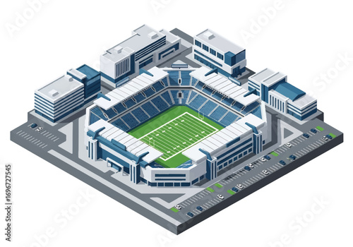 Isometric 3D view of a football stadium complex with field, stands, training facilities, and ticket offices, representing sports, competition, teamwork, and large-scale athletic events