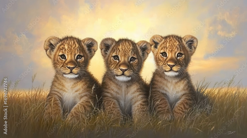 Obraz premium Three Adorable Lion Cub Portraits in Golden Grassland at Sunset