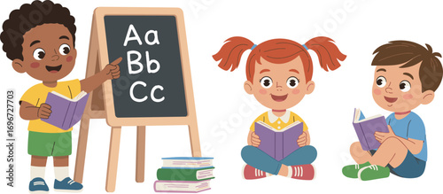 Cartoon children learning alphabet in classroom, reading books together, educational illustration for school, preschool, early learning, teaching concept